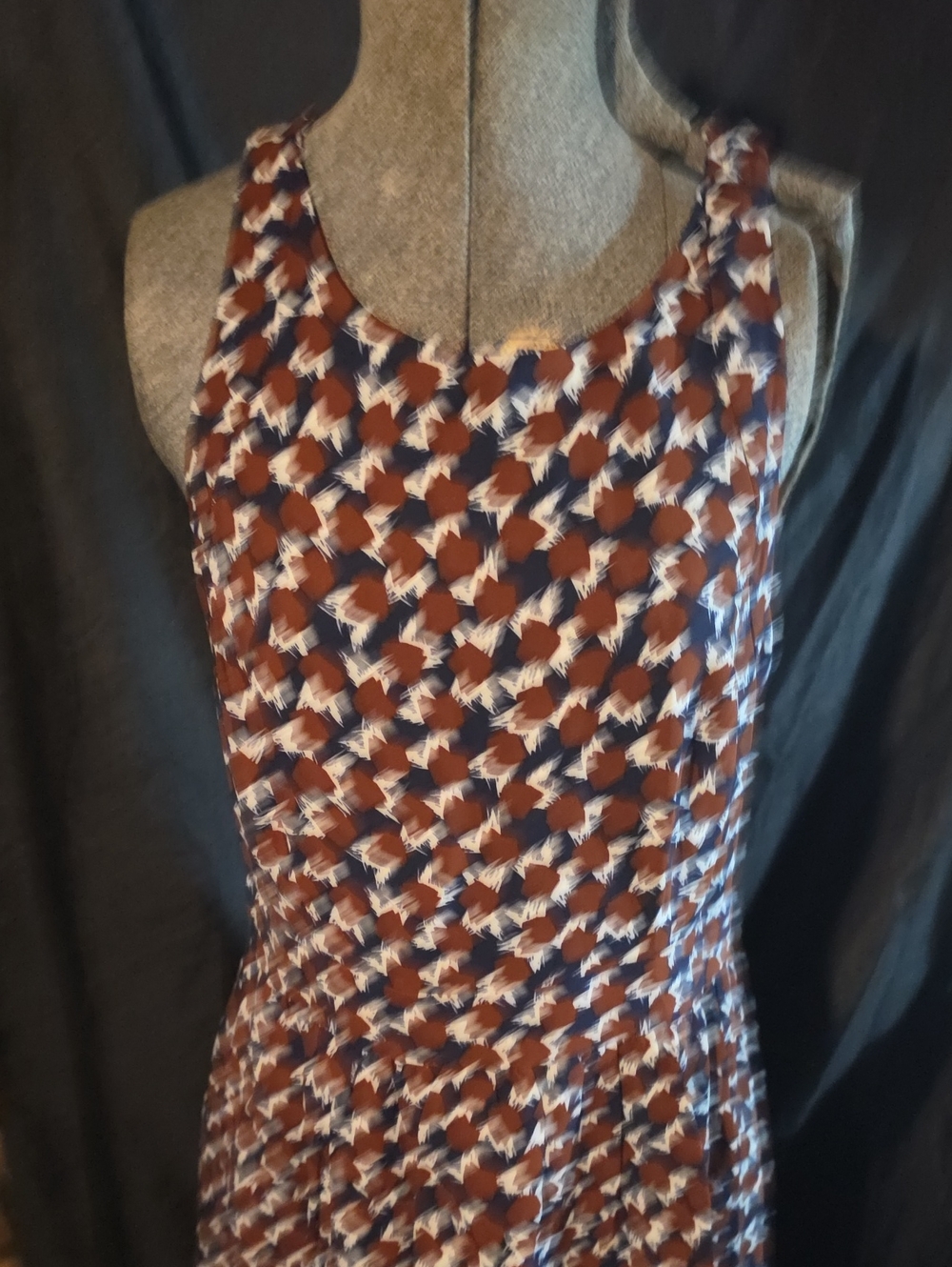 J. Crew Sleeveless Midi Dress in Brown, Navy and White Geometric Print
